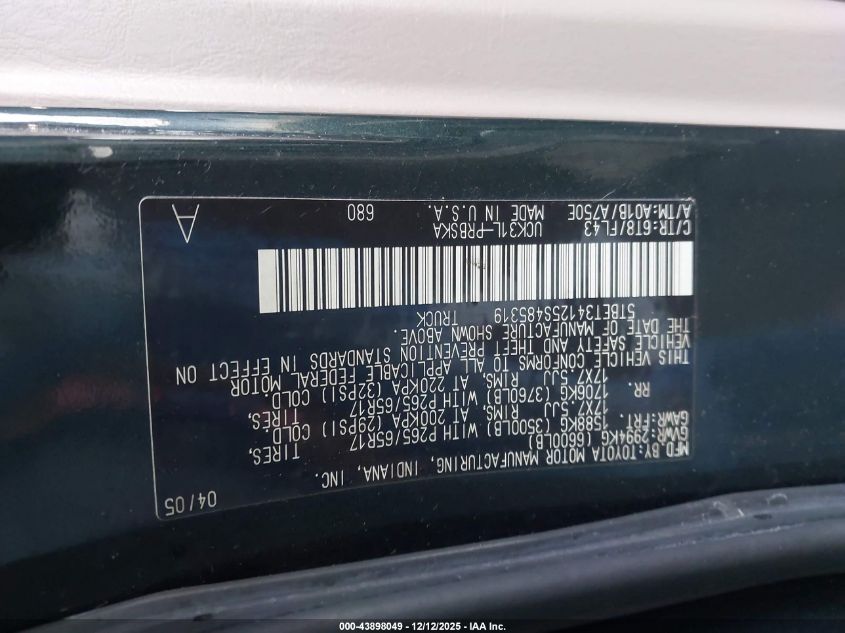 2005 Toyota Tundra Sr5 V8 VIN: 5TBET34125S485319 Lot: 43898049