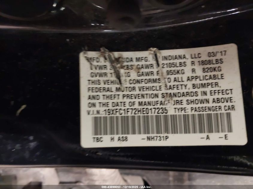 2017 Honda Civic Ex-L VIN: 19XFC1F72HE017235 Lot: 43898053