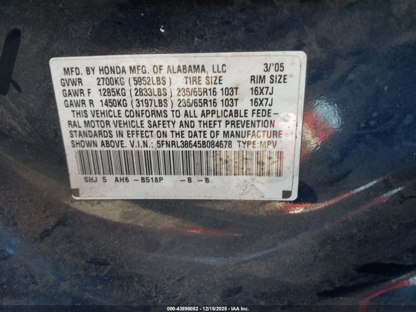 2005 Honda Odyssey Ex-L VIN: 5FNRL38645B084678 Lot: 43898052