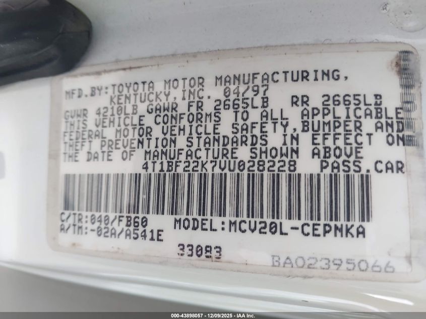 1997 Toyota Camry Le V6 VIN: 4T1BF22K7VU028228 Lot: 43898057