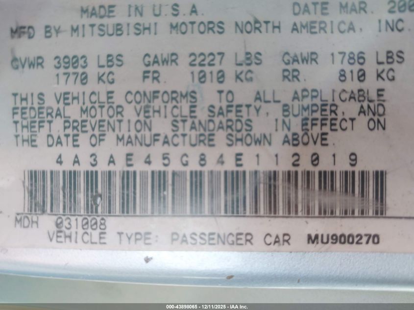 2004 Mitsubishi Eclipse Spyder Gs VIN: 4A3AE45G84E112019 Lot: 43898065