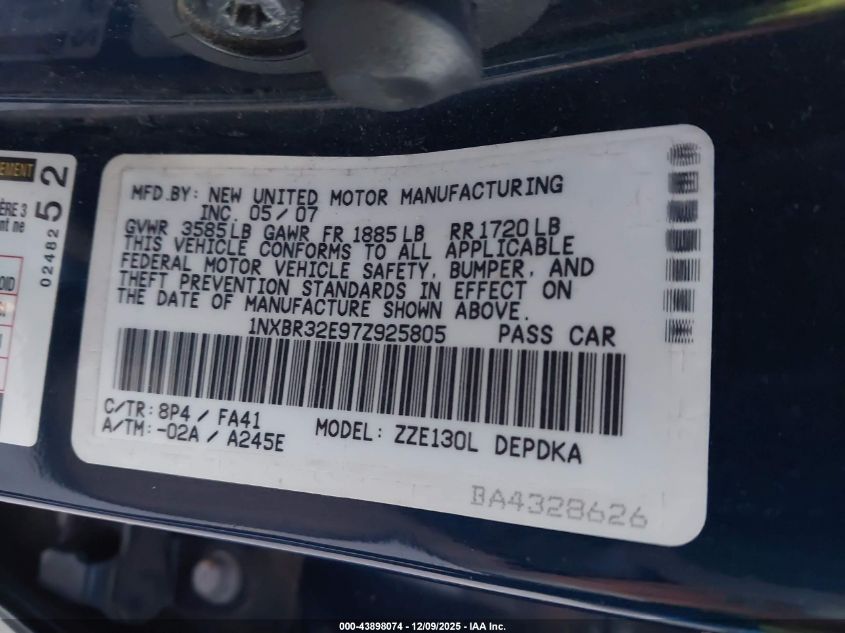 2007 Toyota Corolla Ce VIN: 1NXBR32E97Z925805 Lot: 43898074