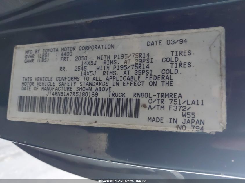 1994 Toyota Pickup 1/2 Ton Short Wheelbase VIN: JT4RN81A7R5180169 Lot: 43898081