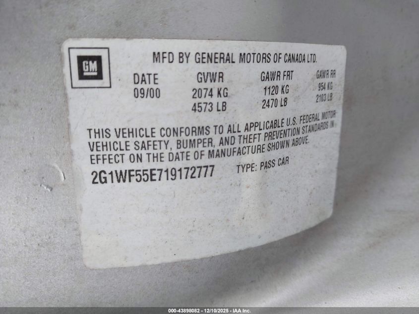 2001 Chevrolet Impala VIN: 2G1WF55E719172777 Lot: 43898082