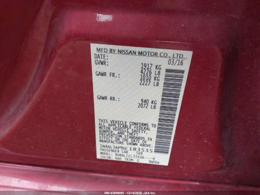 2016 Nissan Altima 2.5 Sv VIN: 1N4AL3AP9GC183535 Lot: 43898085