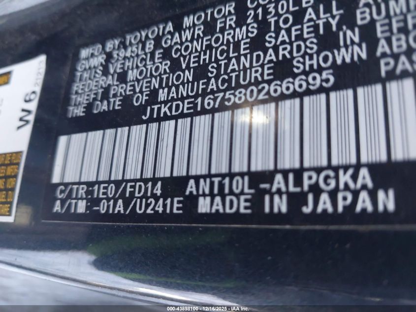 2008 Scion Tc VIN: JTKDE167580266695 Lot: 43898100