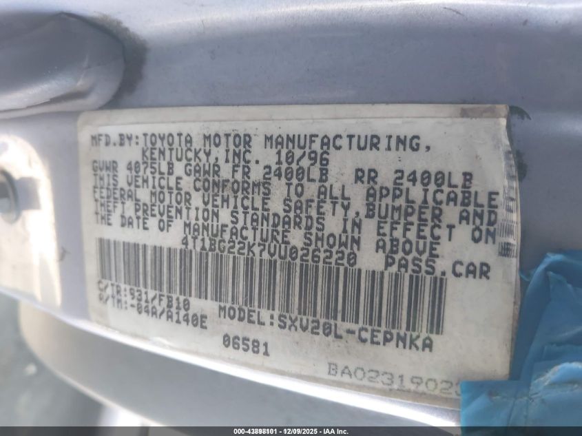 1997 Toyota Camry Le VIN: 4T1BG22K7VU026220 Lot: 43898101