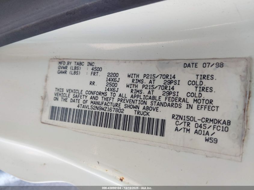 1998 Toyota Tacoma VIN: 4TAVL52N9WZ167802 Lot: 43898104