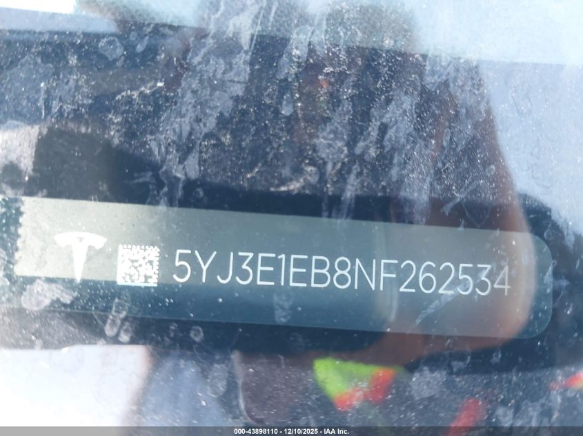 2022 Tesla Model 3 Long Range Dual Motor All-Wheel Drive VIN: 5YJ3E1EB8NF262534 Lot: 43898110