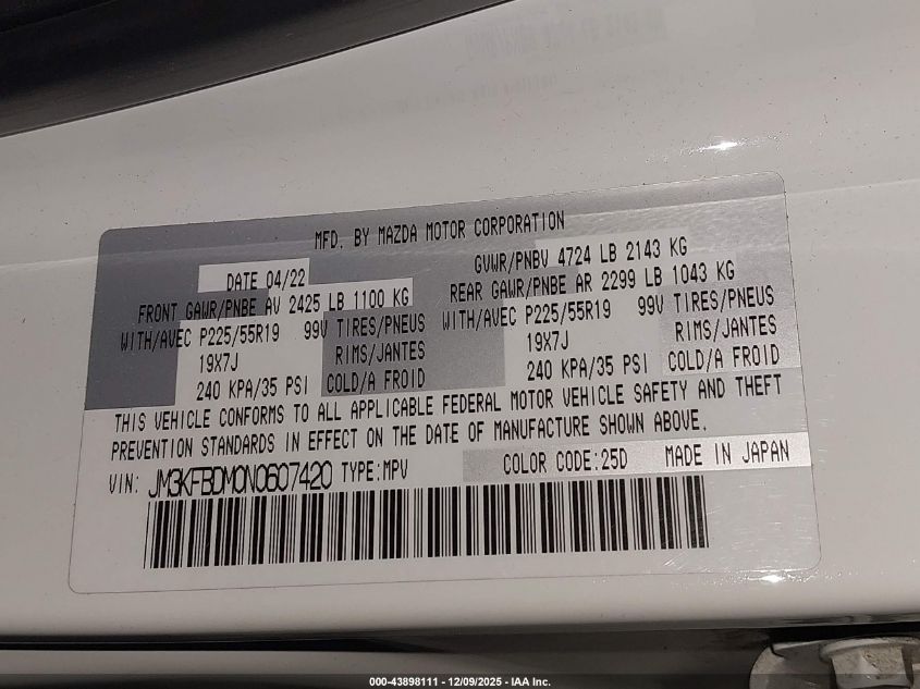 2022 Mazda Cx-5 2.5 S Premium VIN: JM3KFBDM0N0607420 Lot: 43898111