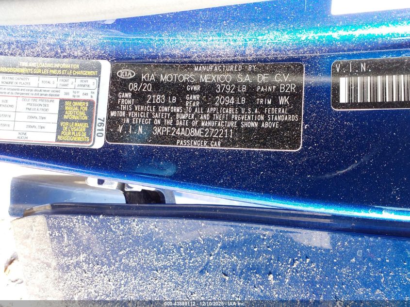2021 Kia Forte Lxs VIN: 3KPF24AD8ME272211 Lot: 43898112