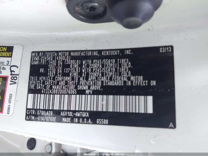 2013 Toyota Venza Xle VIN: 4T3ZA3BB2DU076065 Lot: 43887046