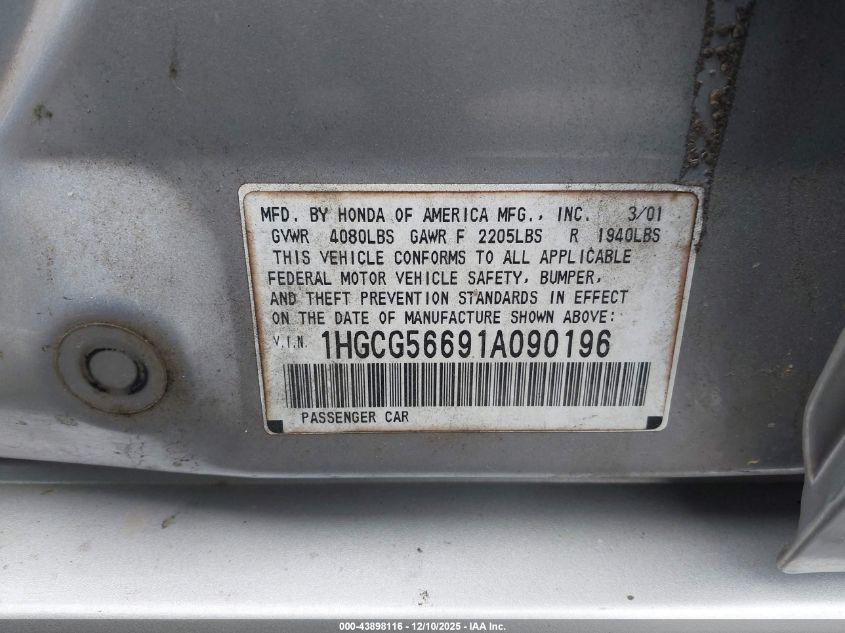 2001 Honda Accord 2.3 Ex VIN: 1HGCG56691A090196 Lot: 43898116