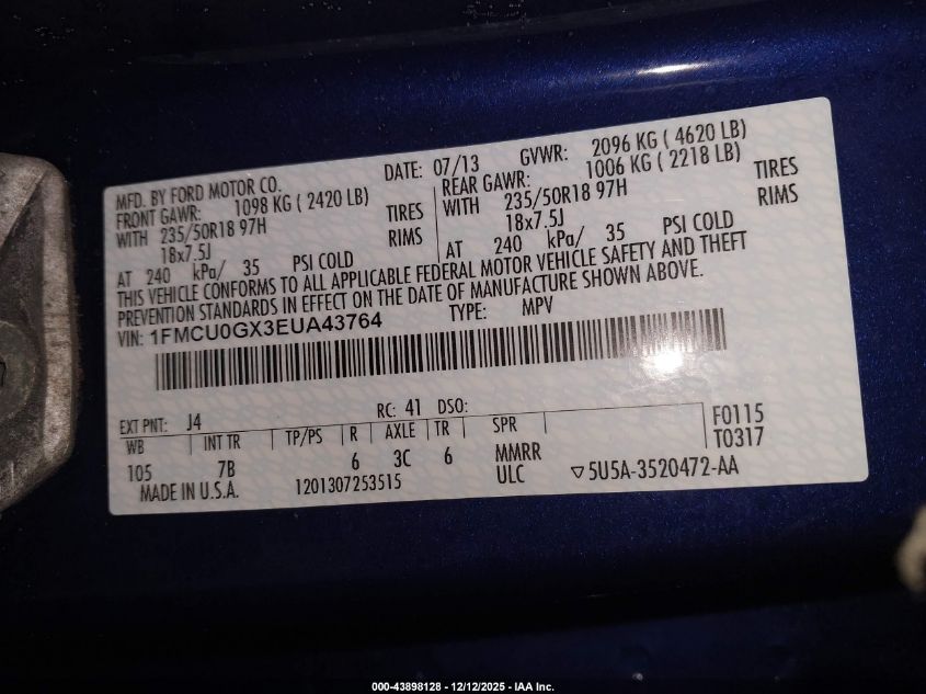 2014 Ford Escape Se VIN: 1FMCU0GX3EUA43764 Lot: 43898128