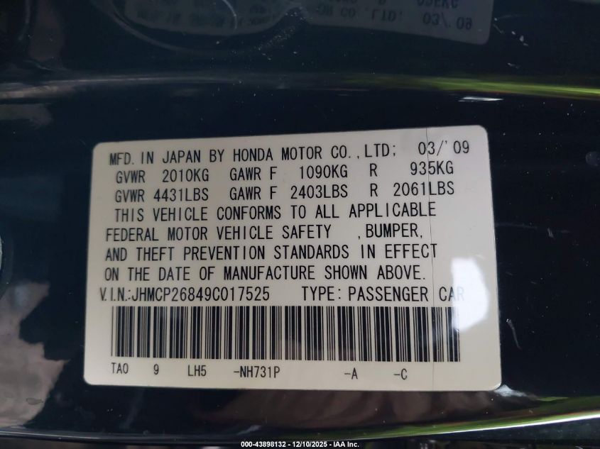 2009 Honda Accord 2.4 Ex-L VIN: JHMCP26849C017525 Lot: 43898132