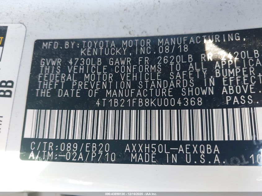 2019 Toyota Avalon Hybrid Xse VIN: 4T1B21FB8KU004368 Lot: 43898138