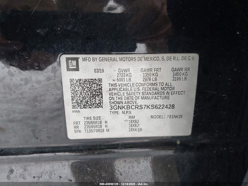 2019 Chevrolet Blazer VIN: 3GNKBCRS7KS622428 Lot: 43898139