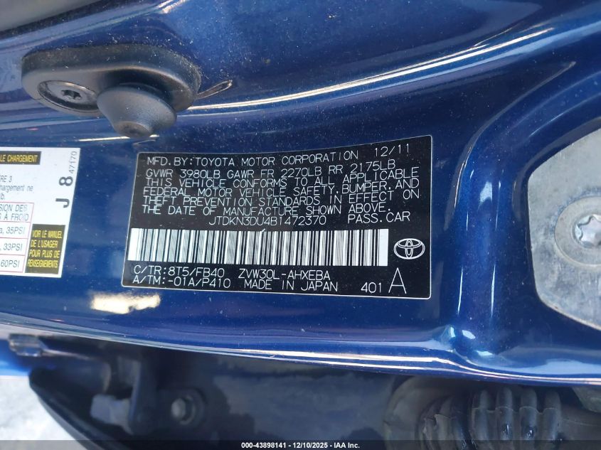 2011 Toyota Prius Two VIN: JTDKN3DU4B1472370 Lot: 43898141