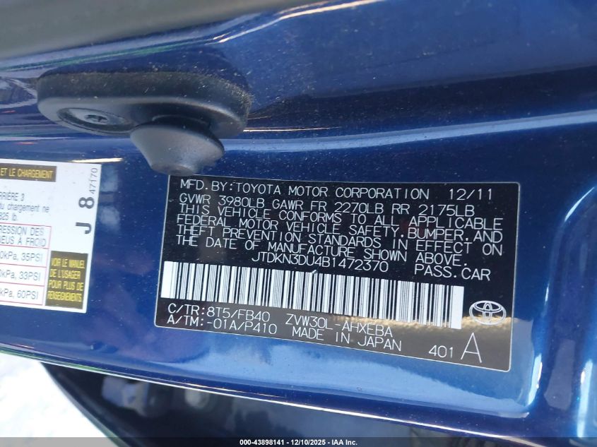 2011 Toyota Prius Two VIN: JTDKN3DU4B1472370 Lot: 43898141