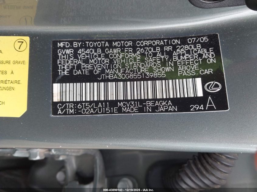 2005 Lexus Es 330 VIN: JTHBA30G855139855 Lot: 43898143