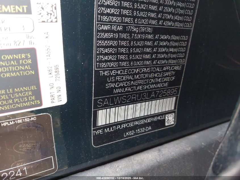 2020 Land Rover Range Rover Sport Hst Mhev VIN: SALWS2RU3LA725895 Lot: 43898152