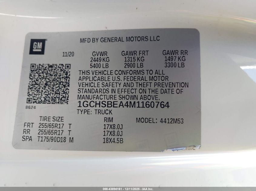 2021 Chevrolet Colorado 2Wd Long Box Wt VIN: 1GCHSBEA4M1160764 Lot: 43898161