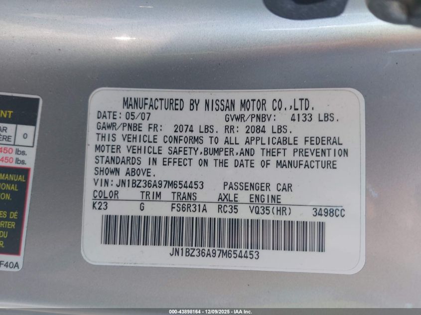 2007 Nissan 350Z Enthusiast VIN: JN1BZ36A97M654453 Lot: 43898164