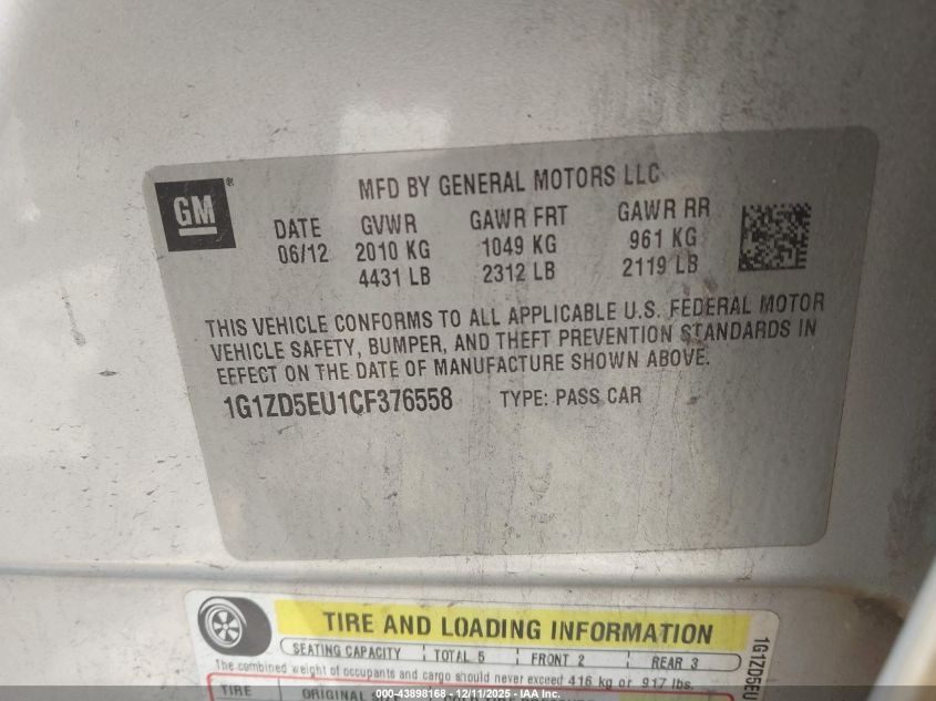 2012 Chevrolet Malibu 2Lt VIN: 1G1ZD5EU1CF376558 Lot: 43898168