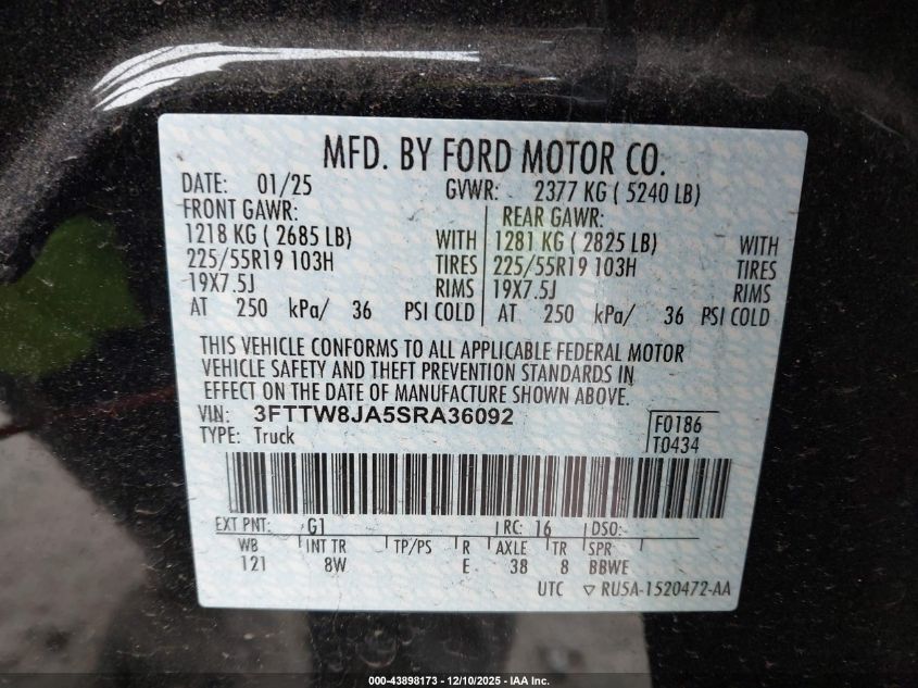 2025 Ford Maverick Xlt VIN: 3FTTW8JA5SRA36092 Lot: 43898173