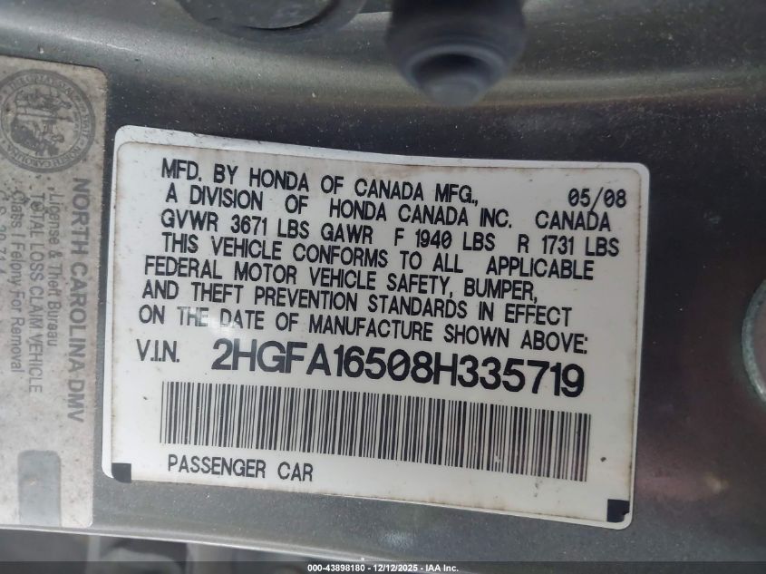 2008 Honda Civic Lx VIN: 2HGFA16508H335719 Lot: 43898180