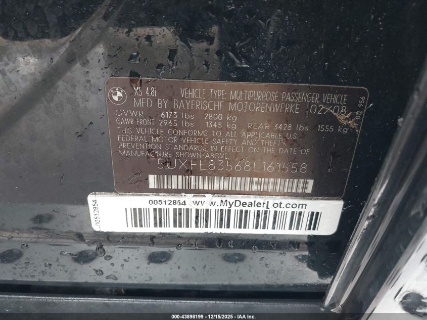 2008 BMW X5 4.8I VIN: 5UXFE83568L161558 Lot: 43898199