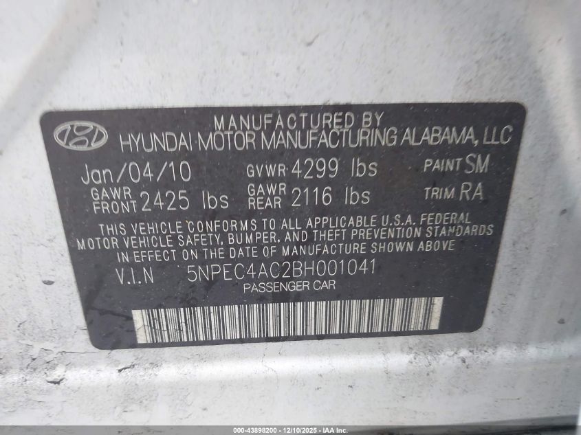 2011 Hyundai Sonata Limited VIN: 5NPEC4AC2BH001041 Lot: 43898200