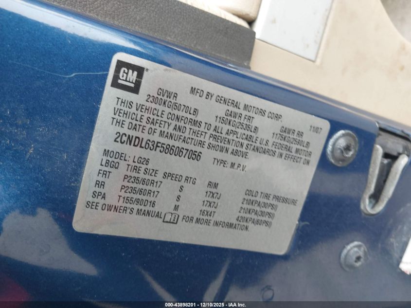 2008 Chevrolet Equinox Lt VIN: 2CNDL63F586067056 Lot: 43898201