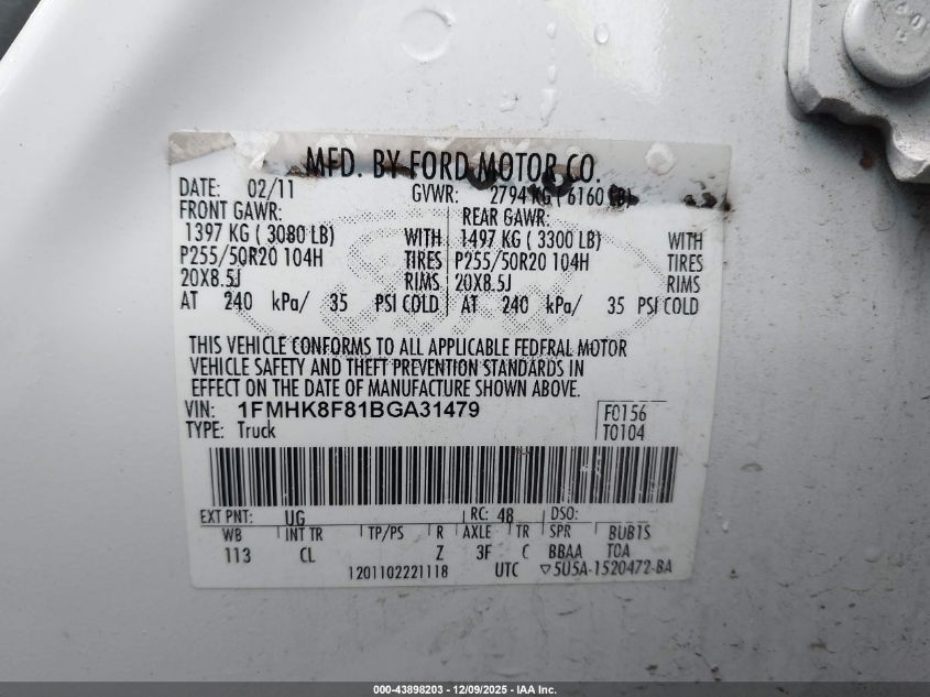 2011 Ford Explorer Limited VIN: 1FMHK8F81BGA31479 Lot: 43898203