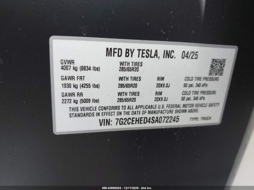 2025 Tesla Cybertruck All-Wheel Drive VIN: 7G2CEHED4SA072245 Lot: 43898204