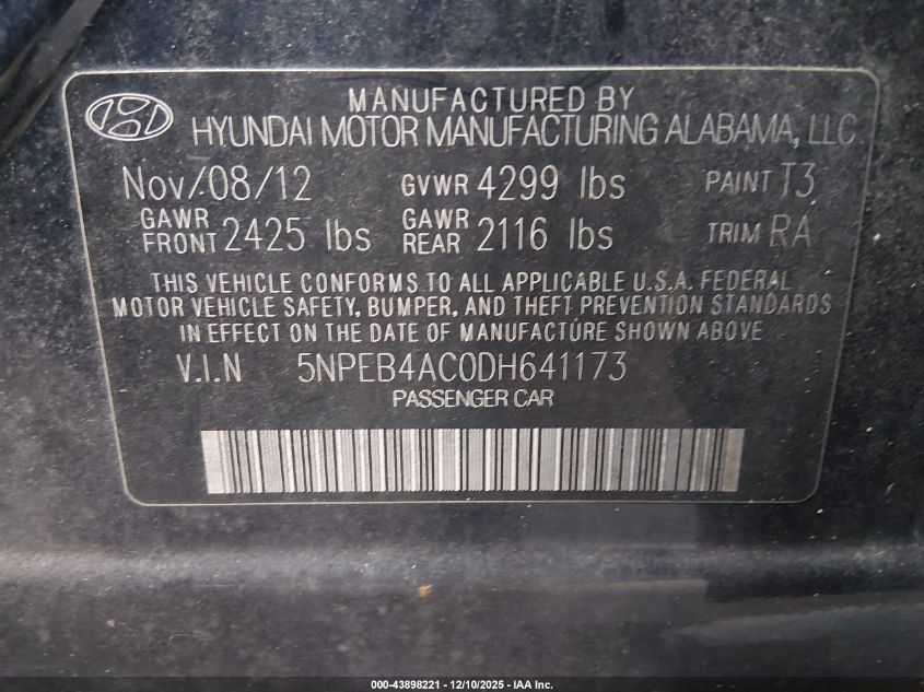 2013 Hyundai Sonata Gls VIN: 5NPEB4AC0DH641173 Lot: 43898221