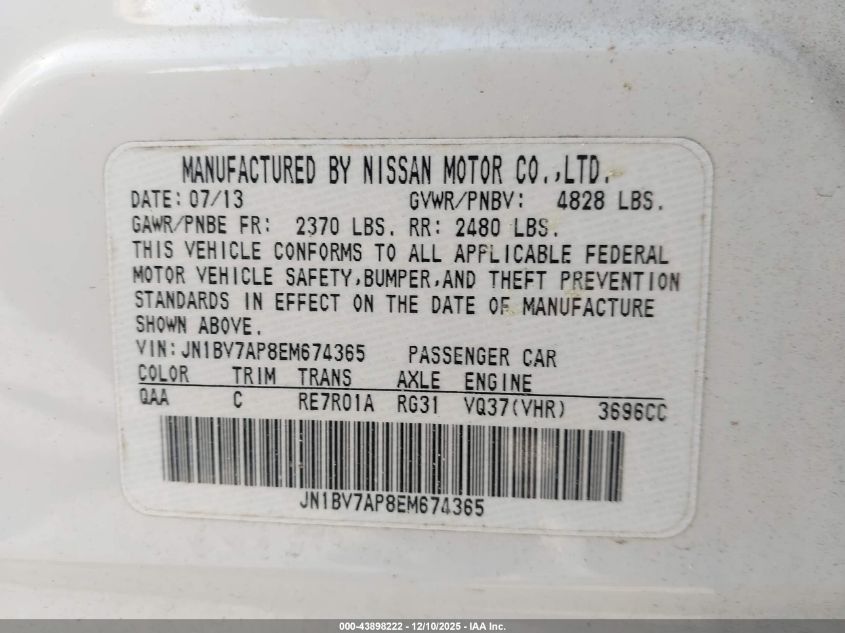 2014 Infiniti Q50 Premium VIN: JN1BV7AP8EM674365 Lot: 43898222