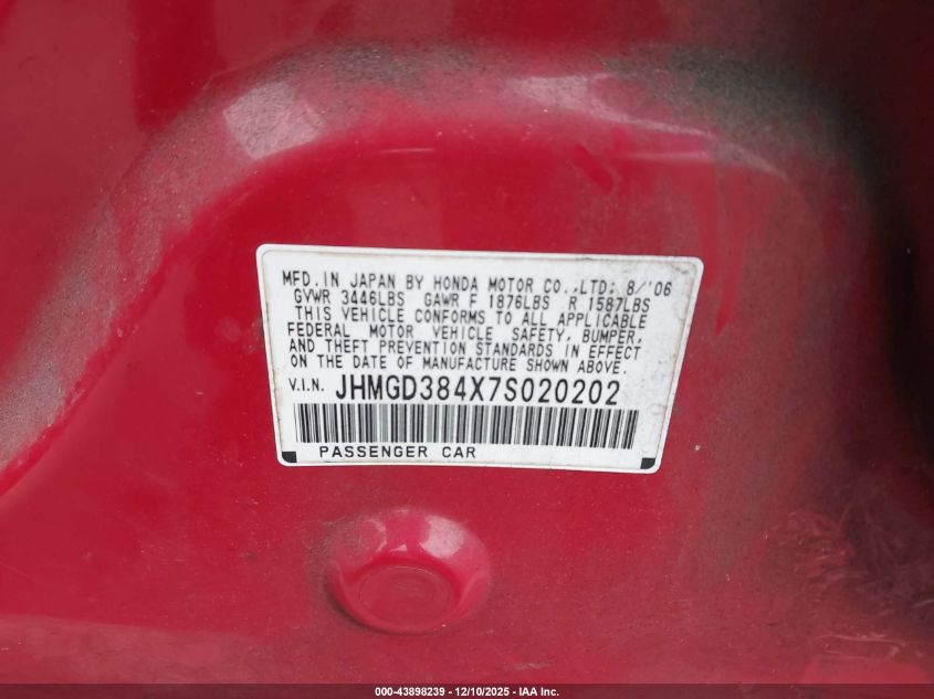 2007 Honda Fit VIN: JHMGD384X7S020202 Lot: 43898239