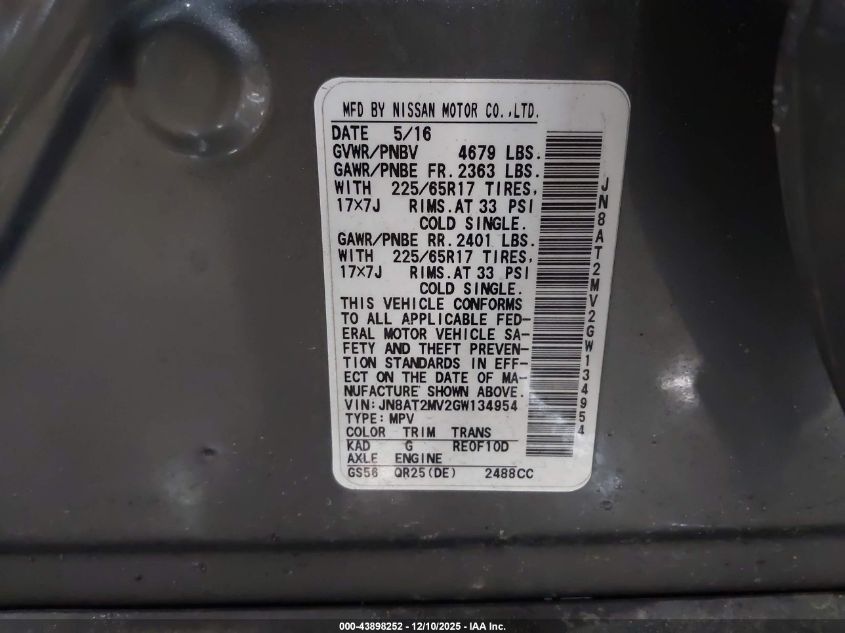 2016 Nissan Rogue S VIN: JN8AT2MV2GW134954 Lot: 43898252