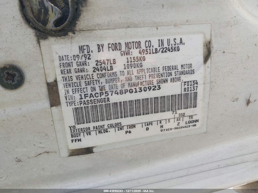 1993 Ford Taurus Gl VIN: 1FACP5748PG130923 Lot: 43898253