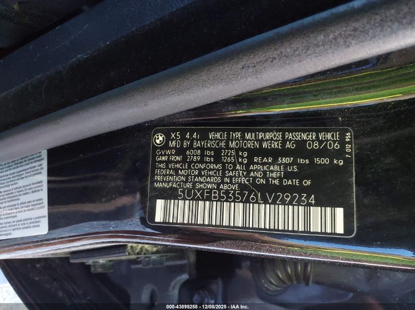 2006 BMW X5 4.4I VIN: 5UXFB53576LV29234 Lot: 43898258