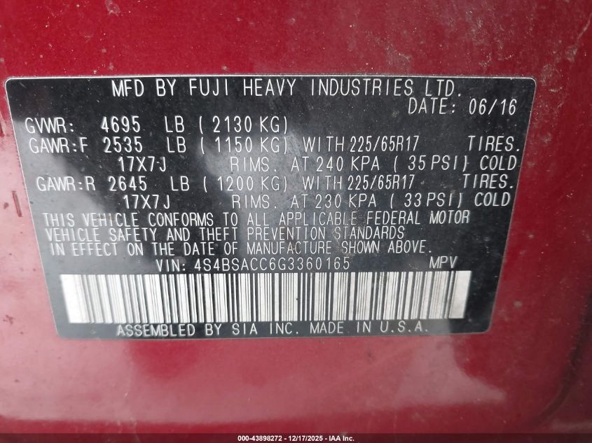 2016 Subaru Outback 2.5I Premium VIN: 4S4BSACC6G3360165 Lot: 43898272