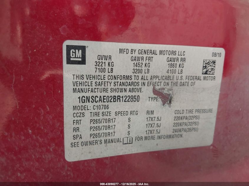 2011 Chevrolet Tahoe Ls VIN: 1GNSCAE02BR122850 Lot: 43898277