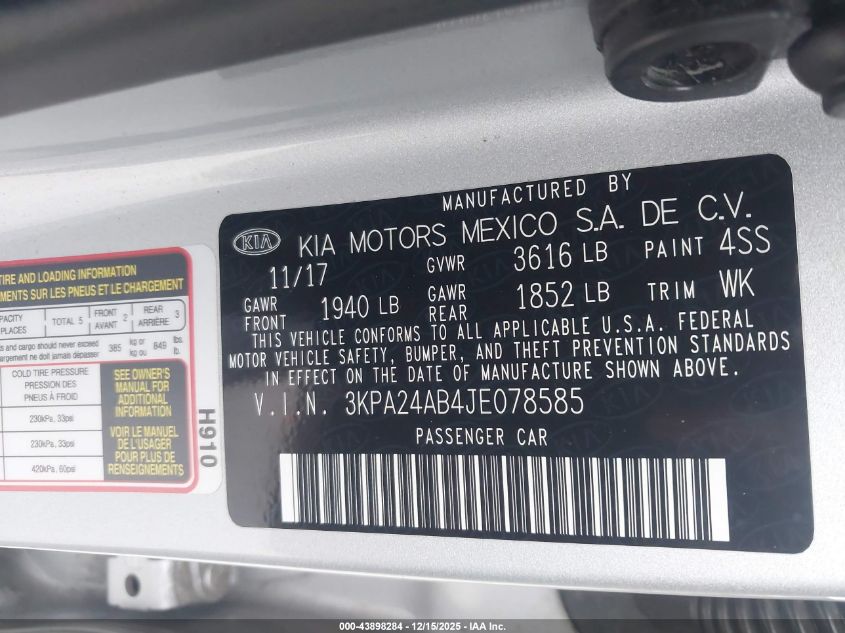 2018 Kia Rio S VIN: 3KPA24AB4JE078585 Lot: 43898284