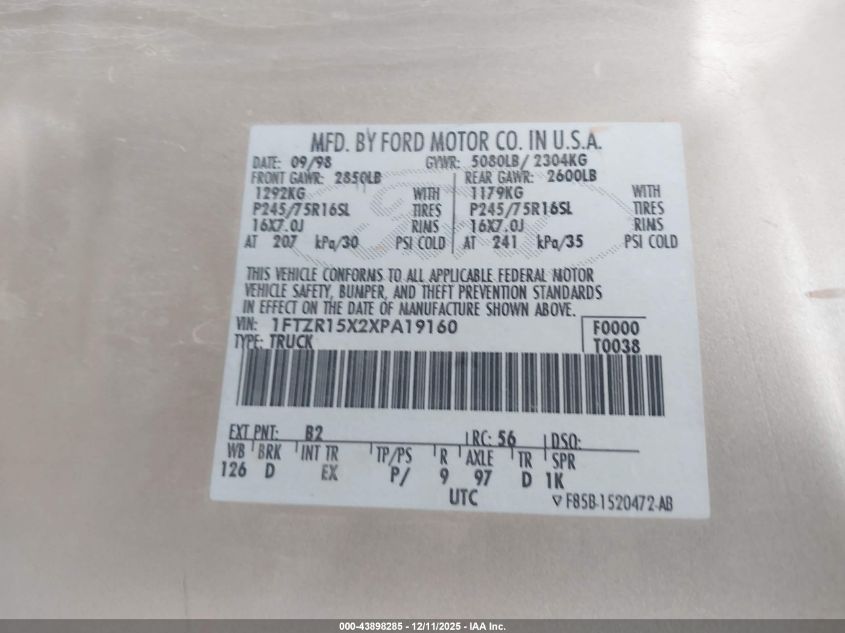 1999 Ford Ranger Xlt VIN: 1FTZR15X2XPA19160 Lot: 43898285