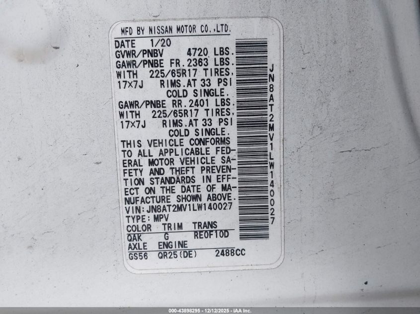 2020 Nissan Rogue S Intelligent Awd VIN: JN8AT2MV1LW140027 Lot: 43898295