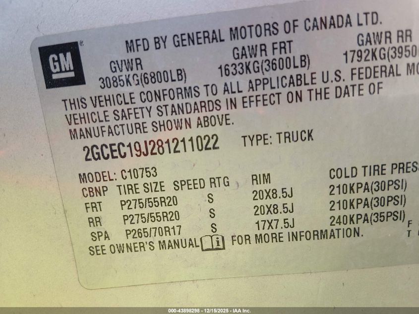 2008 Chevrolet Silverado 1500 Lt1 VIN: 2GCEC19J281211022 Lot: 43898298