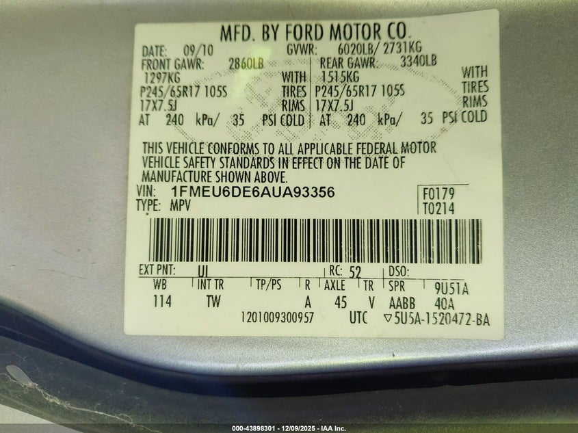 1FMEU6DE6AUA93356 2010 FORD EXPLORER photo no. 9