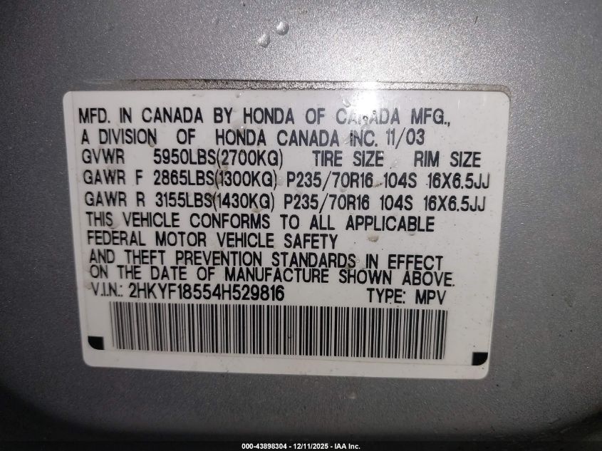 2004 Honda Pilot Ex-L VIN: 2HKYF18554H529816 Lot: 43898304