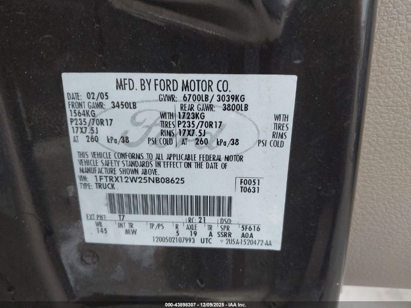 2005 Ford F-150 Stx/Xl/Xlt VIN: 1FTRX12W25NB08625 Lot: 43898307